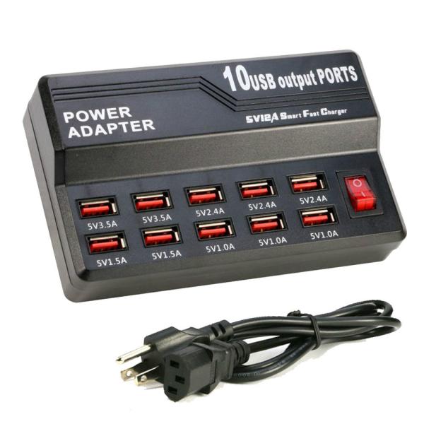 10-Port USB2.0 10A 50W Multi Charger Station with Switch 5V 1A 2.4A Output for Mobile Phones Convenient Travel Charger