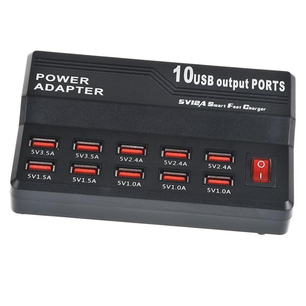 10-Port USB2.0 10A 50W Multi Charger Station with Switch 5V 1A 2.4A Output for Mobile Phones Convenient Travel Charger