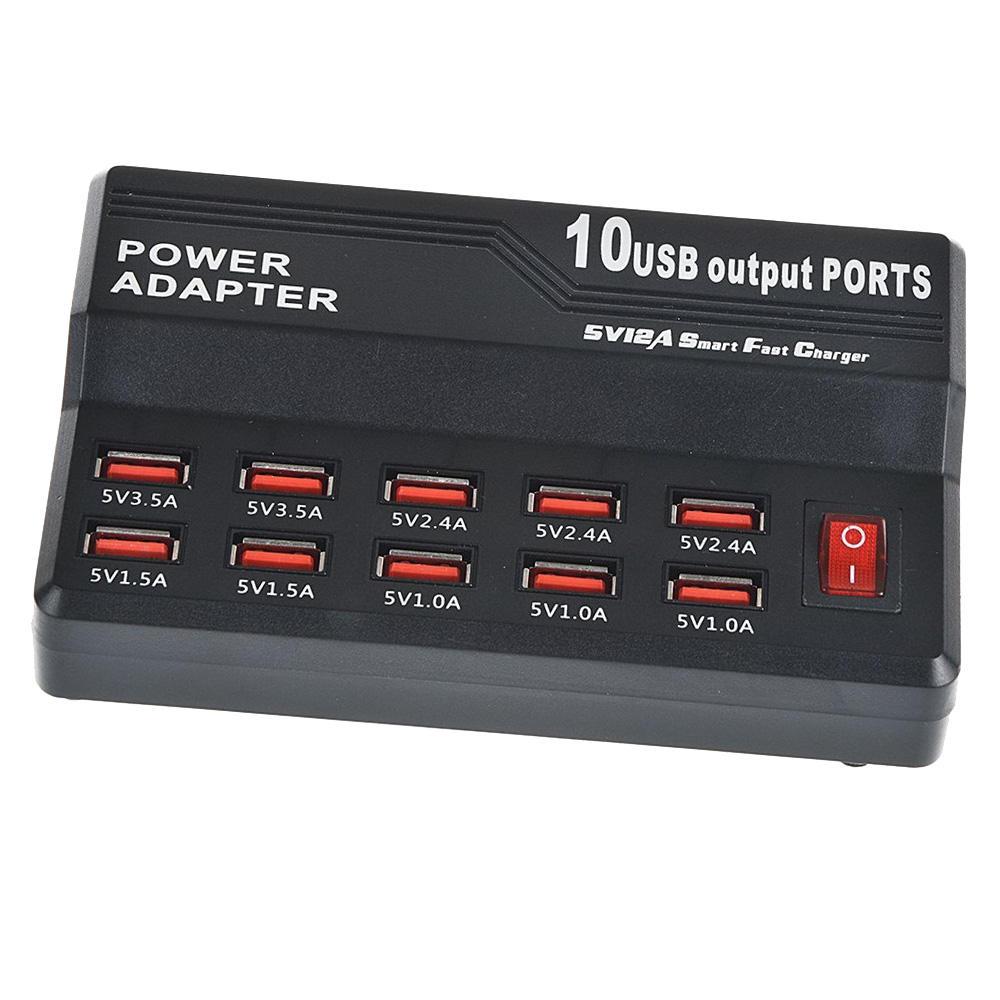 10-Port USB2.0 10A 50W Multi Charger Station with Switch 5V 1A 2.4A Output for Mobile Phones Convenient Travel Charger