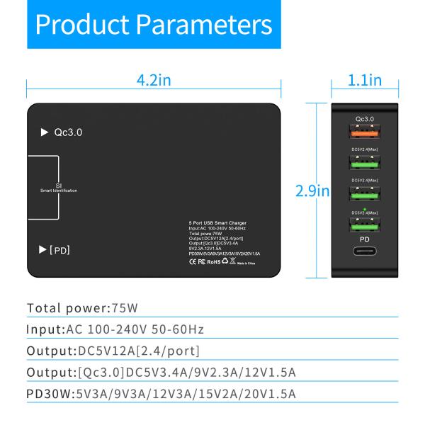 2022 Hot Sale 5 Ports QC3.0+PD Fast Charging Dock Station Charger Stand QC3.0 Fast Phone Charger for Mobile Phone