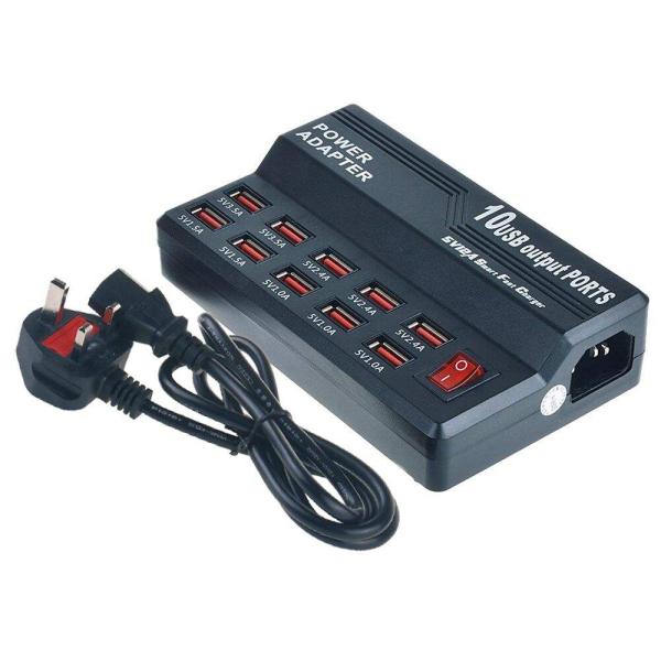 10-Port USB2.0 10A 50W Multi Charger Station with Switch 5V 1A 2.4A Output for Mobile Phones Convenient Travel Charger
